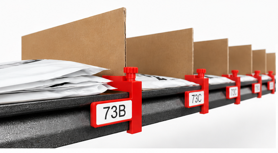 A row of red Easy Shelf Dividers brackets with cardboard partitions and 73B/73C/73D labels across a warehouse shelf