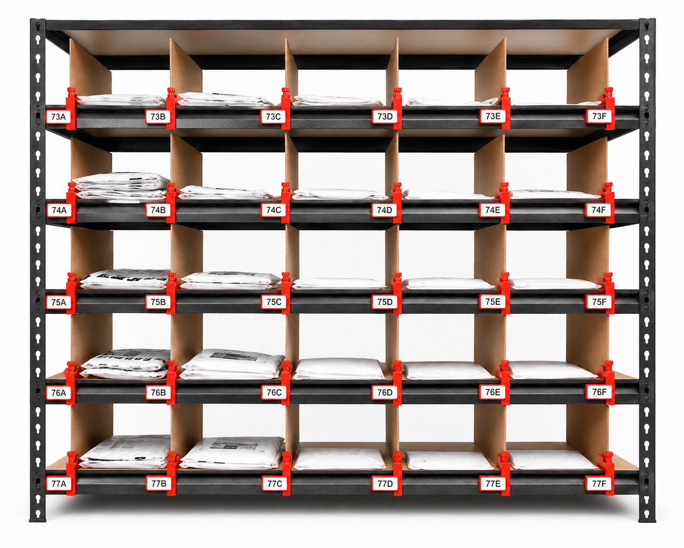 A full teardrop warehouse rack outfitted with Easy Shelf Dividers — five shelves, six columns, 30 labeled bins from 73A through 77F